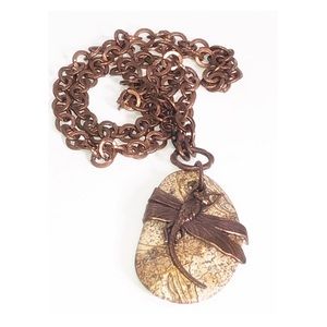 Copper-tone dragonfly stone long necklace